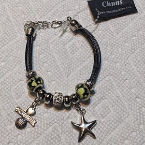 NEW CHUNS PANDORA LIKE BRACELET - I LOVE BASKETBALL, STARFISH, YELLOW & BLACK LO
